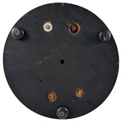 Brass skeleton clock, the single fusee movement with silvered Roman numeral dial, upon an ebonised circular base, missing the glass dome, H32cm