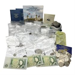 Great British and World coins, including commemorative crowns, Great Britain 1983 uncirculated coin collection in card folder, half pennies, pennies, threepences and other pre-decimal coinage, various Bank of England one pound notes etc