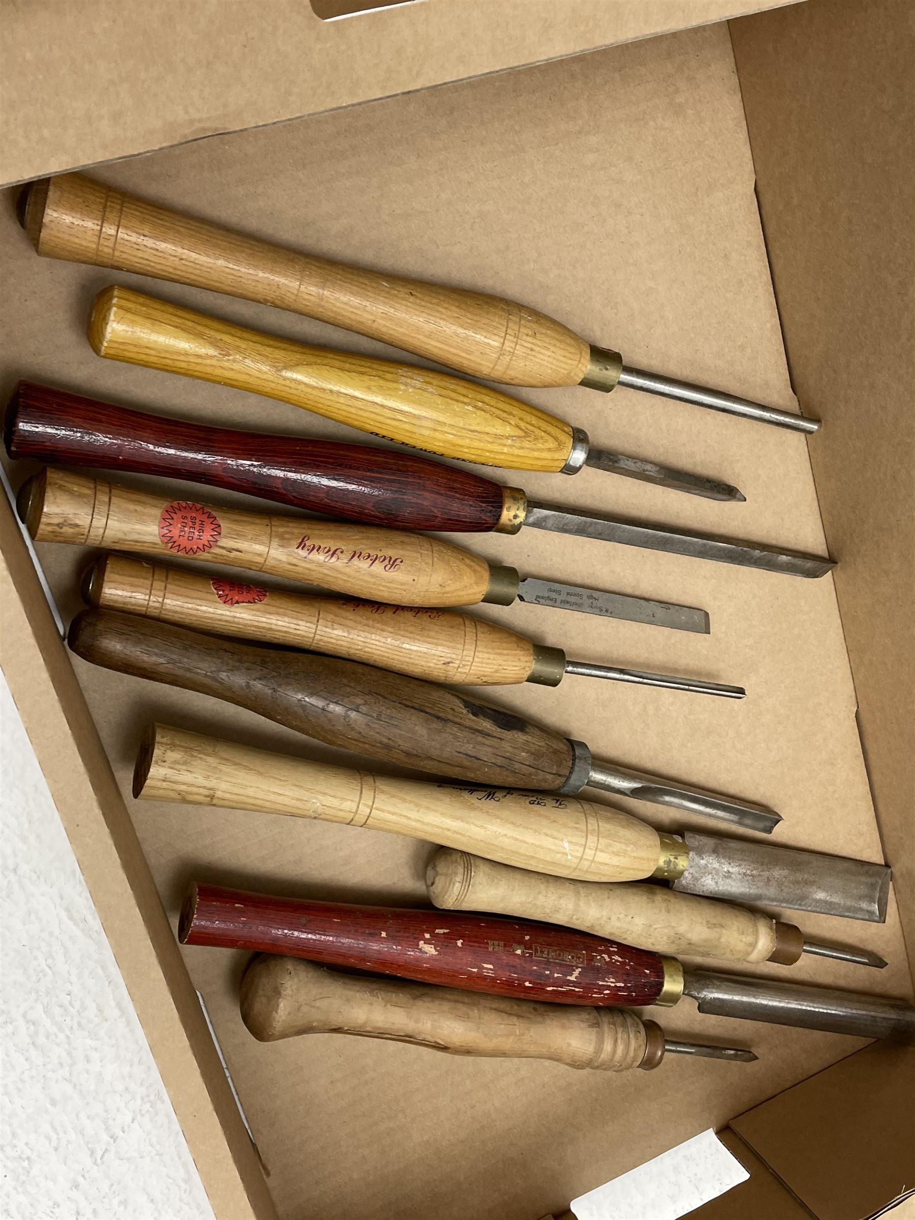 Coronet no.3 wood turning lathe, with various accessories to including - blocks, chucks, calipers and turning chisels (including Robert Sorby)