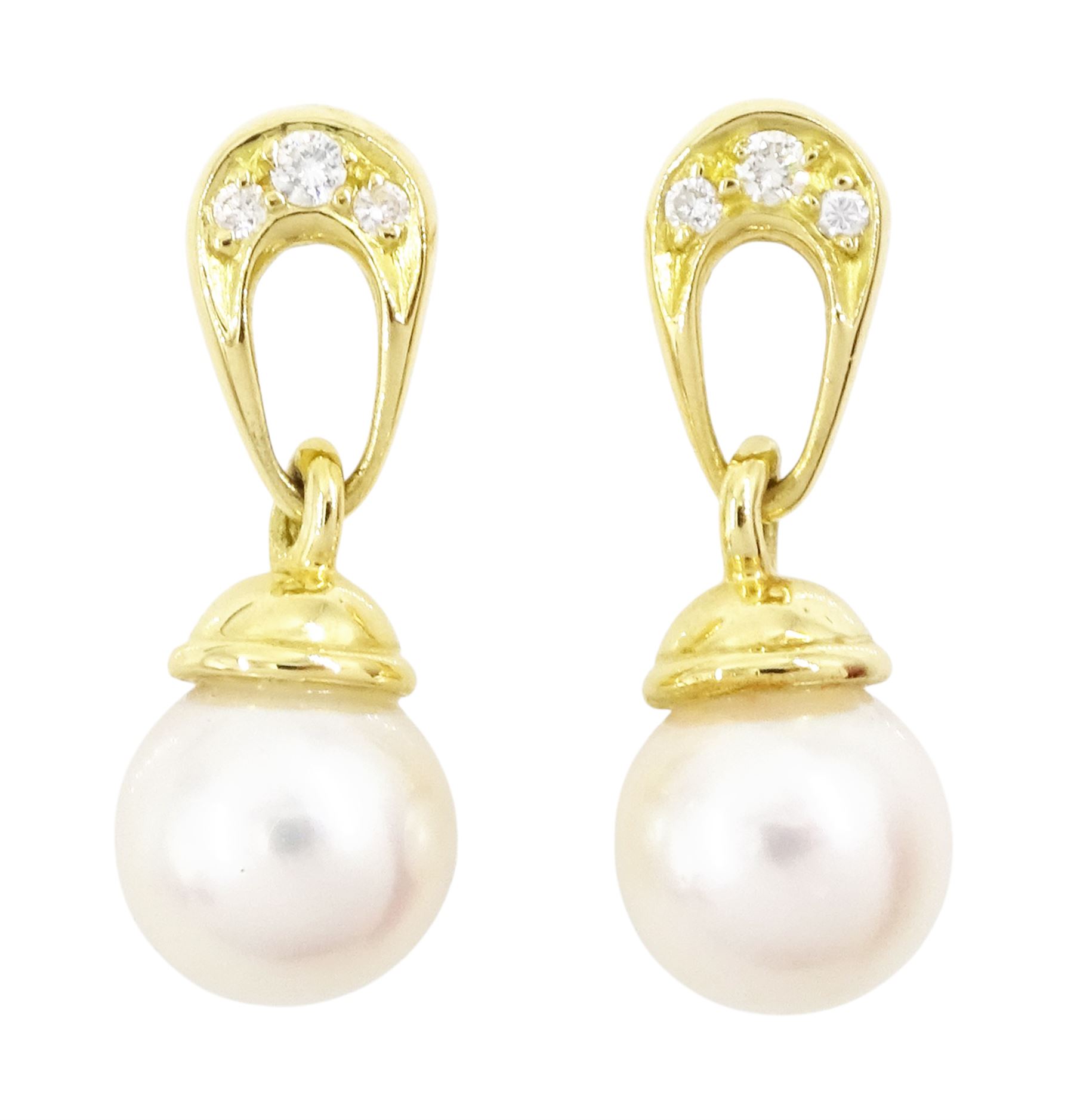 Pair of 18ct gold cultured white / pink pearl and diamond pendant stud earrings, hallmarked