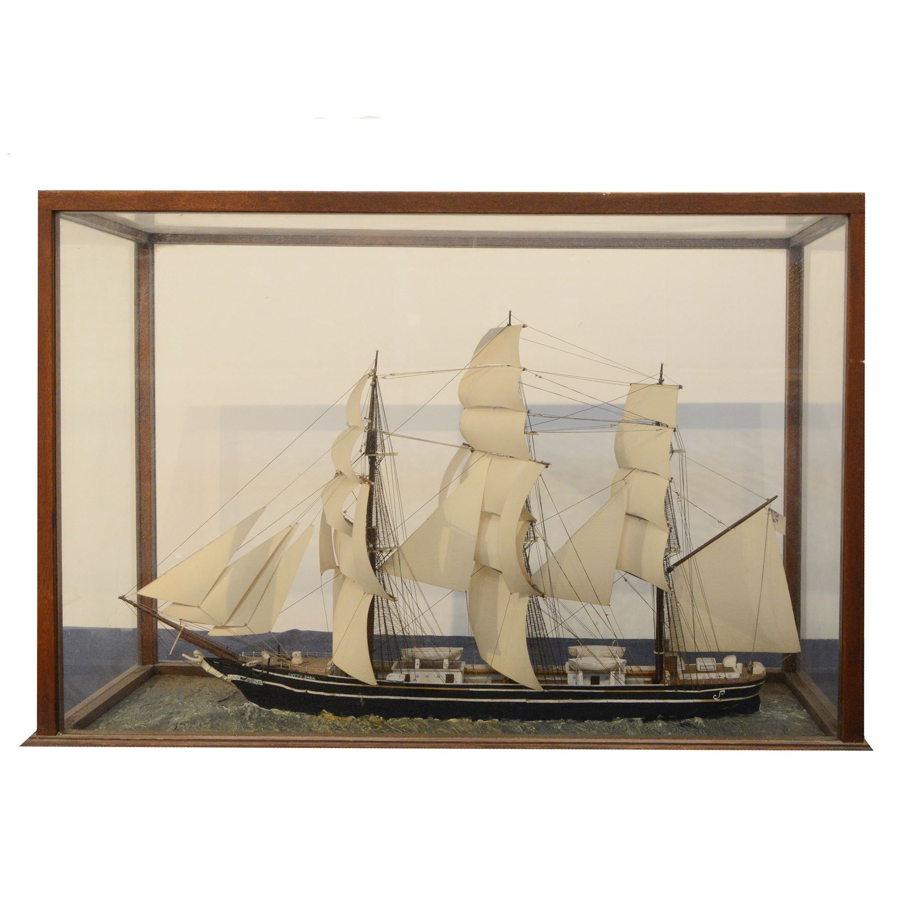Early 20th century fully rigged waterline model of the Cutty Sark, contained within a glazed wooden case, case H54.5cm