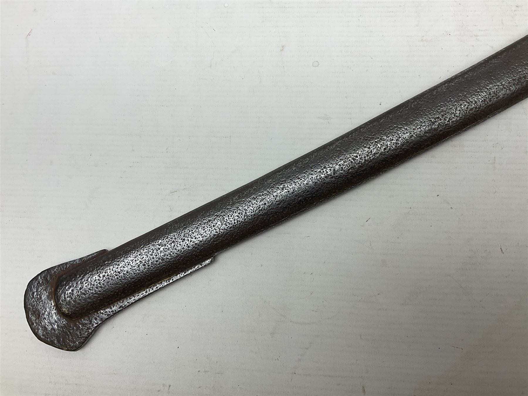 19th century French 1822 Pattern Light Cavalry trooper's sword with 88.5cm slightly curving fullered blade, brass three-bar hilt and wire-bound leather grip; in polished steel scabbard with two suspension rings L110.5cm overall