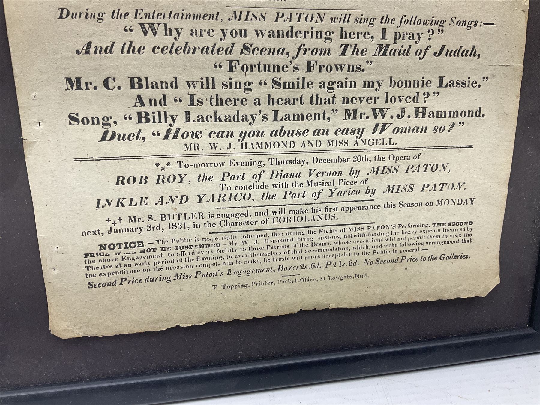 Two framed advertising posters, the first example titled 'Johnson's Correct List of Beverley Races, 1840', the second titled 'Theatre-Royal, Hull. third Night of Miss Paton's Engagement. this present Wednesday, December 29th, 1830, will be performed the celebrated Beggars' Opera', overall including frames H38.5cm W26cm