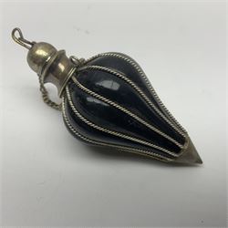 Chinese ceramic bowl, painted with floral and foliate decoration on a white ground, together with a similar much smaller Chinese bowl, painted with mountain scene to centre and covered by basket weave to exterior and a white metal mounted pear shaped scent bottle, largest bowl D11cm