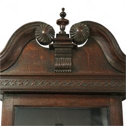 Three empty oak longcase clock cases-for restoration , parts, repair, and two 30hr chain driven movements with 12