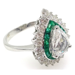  18ct white gold diamond and emerald cluster ring, stamped 750, central rose cut pear shaped diamond approx 1 carat, diamond surround approx 0.7 carat  