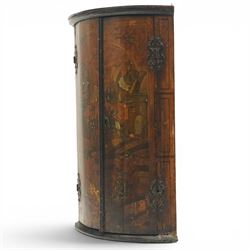 George III period lacquered chinoiserie cylindrical corner cabinet, decorated with traditional pagoda and exotic bird scenes, enclosing two shelves