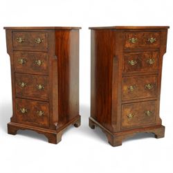 Pair of Victorian inlaid burr walnut small size chests,  rectangular top in burr walnut and crossbanded with herringbone inlay and chamfered sides with four graduated inlaid burr walnut drawers and engraved cut brass handles and mahogany drawer linings, supported on moulded bases with shaped bracket feet, circa 1870