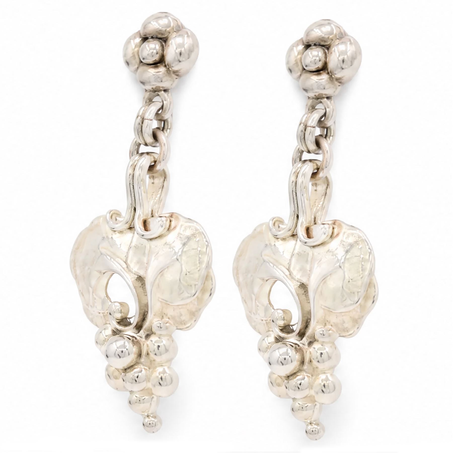 Pair of George Jensen Heritage Collection 'Year' silver earrings, each stud suspending a bunch of grapes with vine leaves, hallmarked and dated 1996, boxed