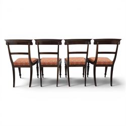 Set of eight 20th century solid rosewood dining chairs, upholstered drop in seats, on oak stretchers, made by Gott's of Pickering and T Feetam of Hull, stamped on all chairs, seat height 47cm