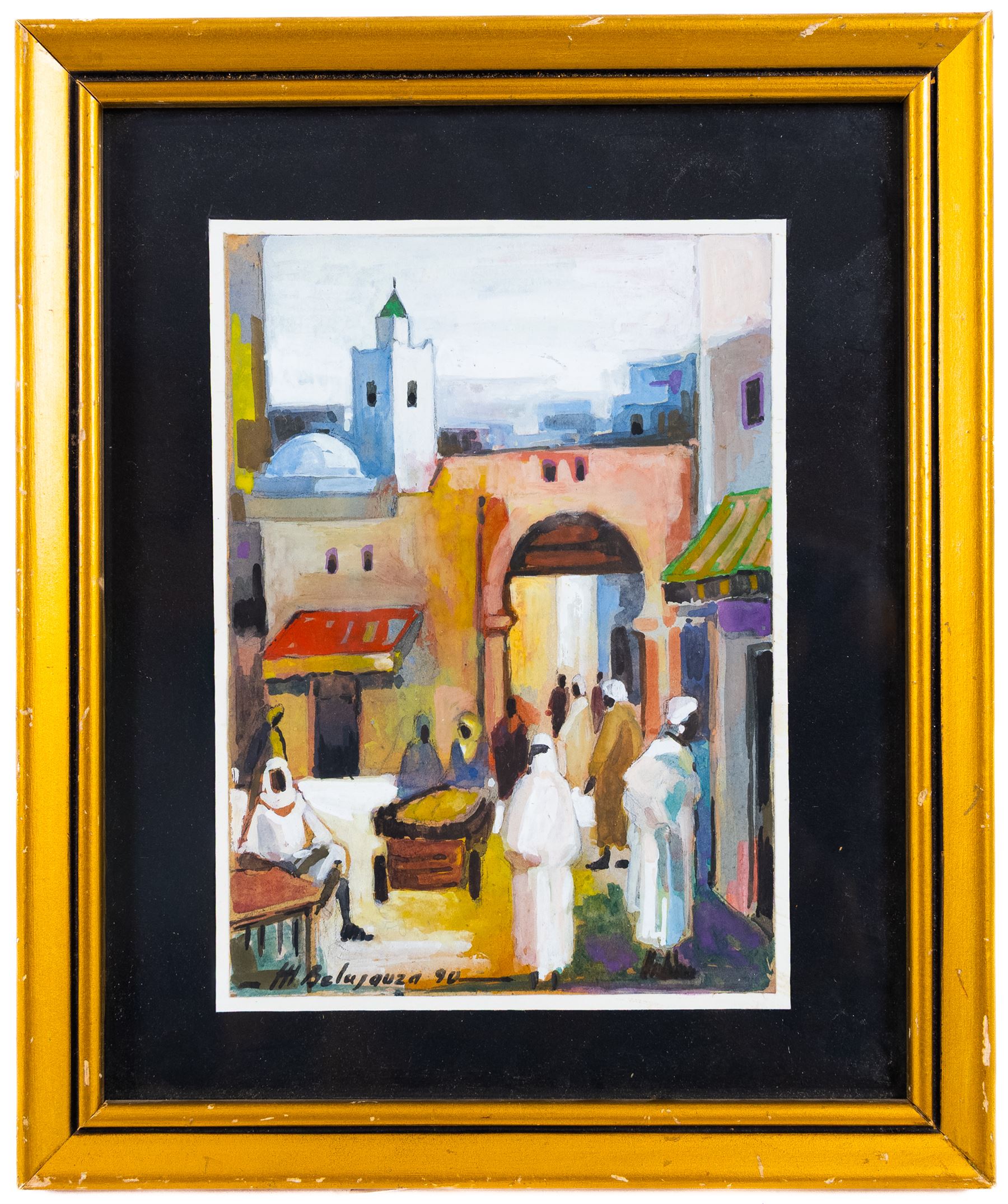 Mohamed Belajouza (Tunisian 20th Century): Streets of Sousse, set of three gouaches signed, max 18cm x 13cm (3)