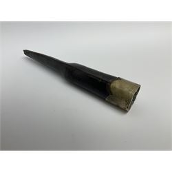 Rare double barrel percussion knife pistol by Dumonthier & Sons (NVN), approx. .38 calibre, with 8.5cm barrels and central 21.5cm spear pointed blade, all with etched damascening, upper quillons serve as hammers for the percussion ignition with single drop down trigger and fluted nickel grips, in nickel mounted leather covered tin scabbard L33.5cm overall