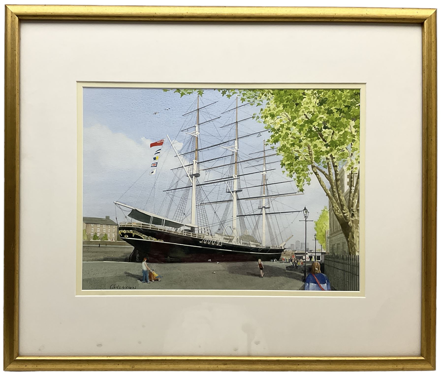Chris Neaves (British 20th century): 'Cutty Sark', watercolour signed, exhibition label verso 30cm x 41cm