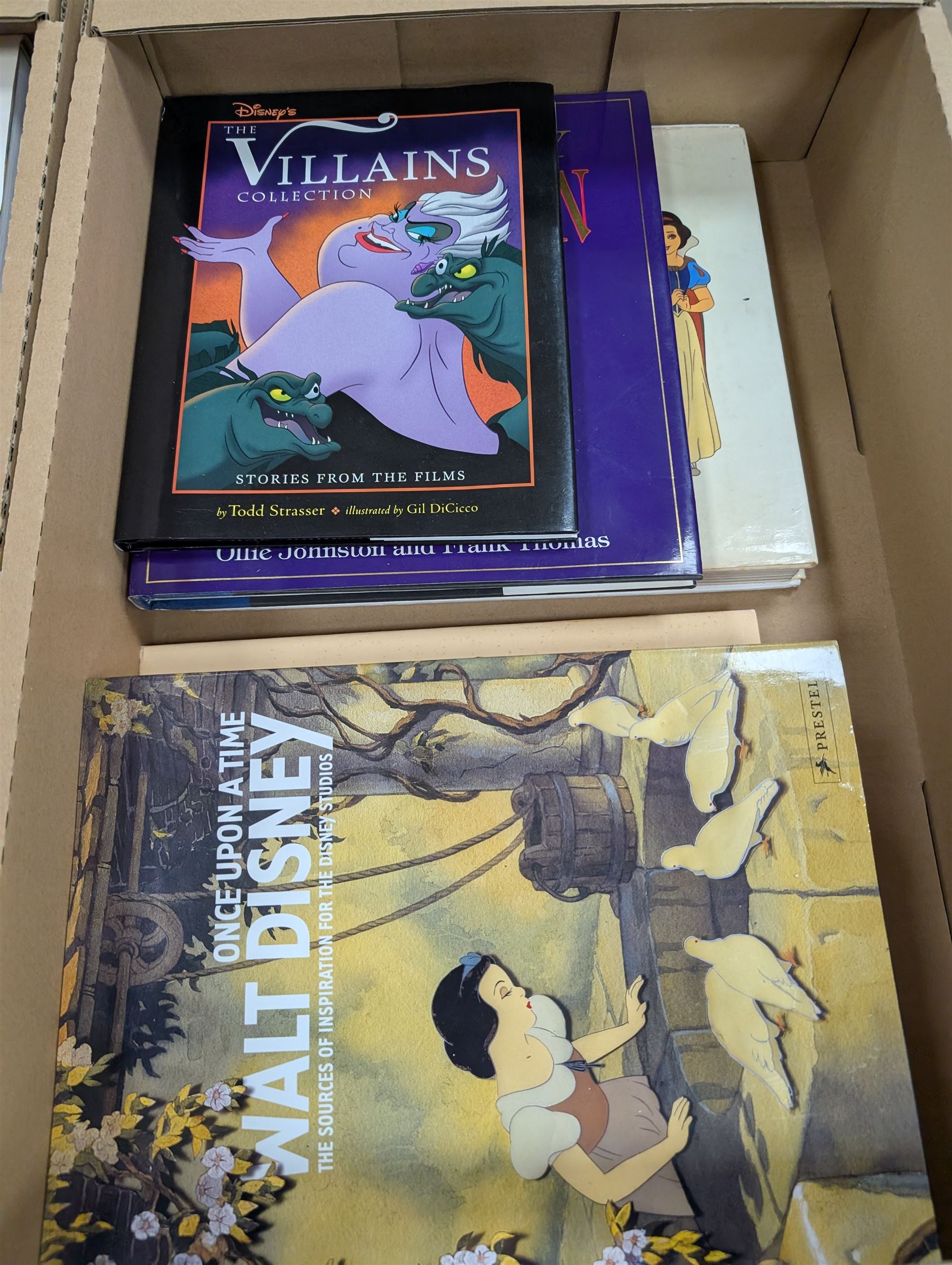 Collection of Disney animation and drawing books, including Art of Animation, The Fairest One of All, The Villains Collection, Once Upon a Dream, etc in three boxes