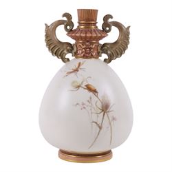 Royal Worcester blush Ivory vase, decorated with butterfly and insects amongst wild flowers, dolphin handles, puce mark beneath and numbered RN14303 and 1327, H23cm 