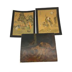 Oil on board depicting two dogs and a cat, W29cm and pair of Japanese pictures