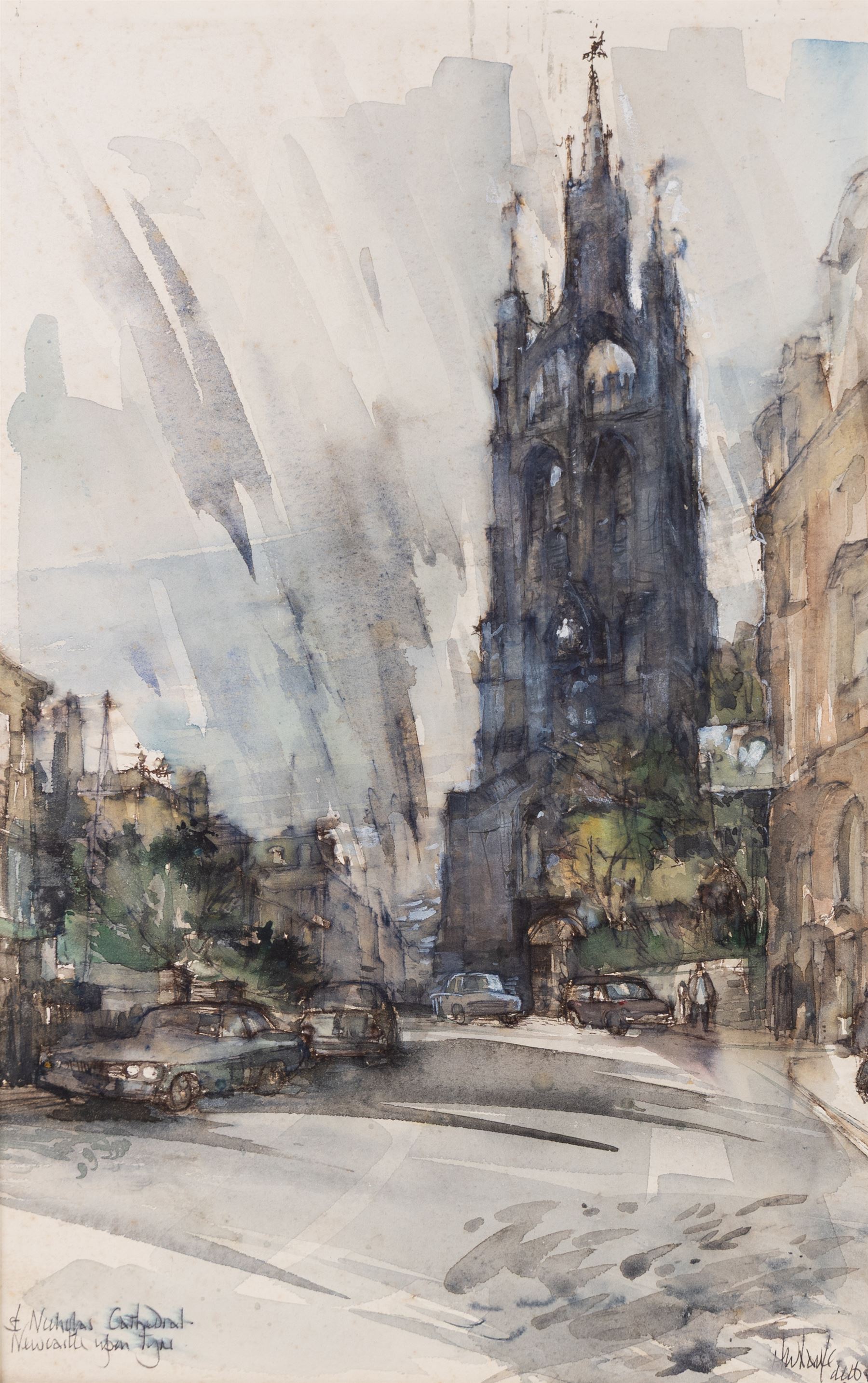 Harold Wharfe (Yorkshire 1916-1999): 'St Nicholas Cathedral - Newcastle upon Tyne', watercolour heightened with white signed titled and dated 1980 below the mount 43cm x 28cm (unframed)