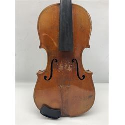 German violin c1900 for re-assembly with 36cm two-piece maple back and ribs and spruce top; L59cm; in ebonised wooden 'coffin' case with two bows