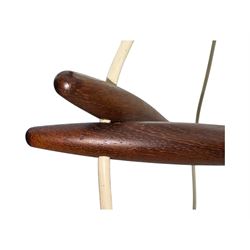 1970's Scandinavian teak three light centre light fitting, with white frosted tapered glass shades, in the style of designer Osten & Uno Kristiansson