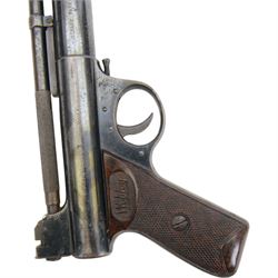 Webley Mark I .22 air pistol, batch 084, the air chamber marked 'The Webley Mark I Made in England, Webley & Scott Ltd Birmingham 4, Webley Patents', with brown checkered grip, H14cm, L19cm