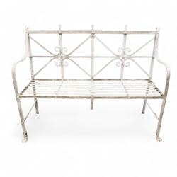 Regency wrought metal strapwork garden bench, moulded strap frame with scrolled back rails and slat seat, shaped end rails terminating to pad feet, in white paint finish.