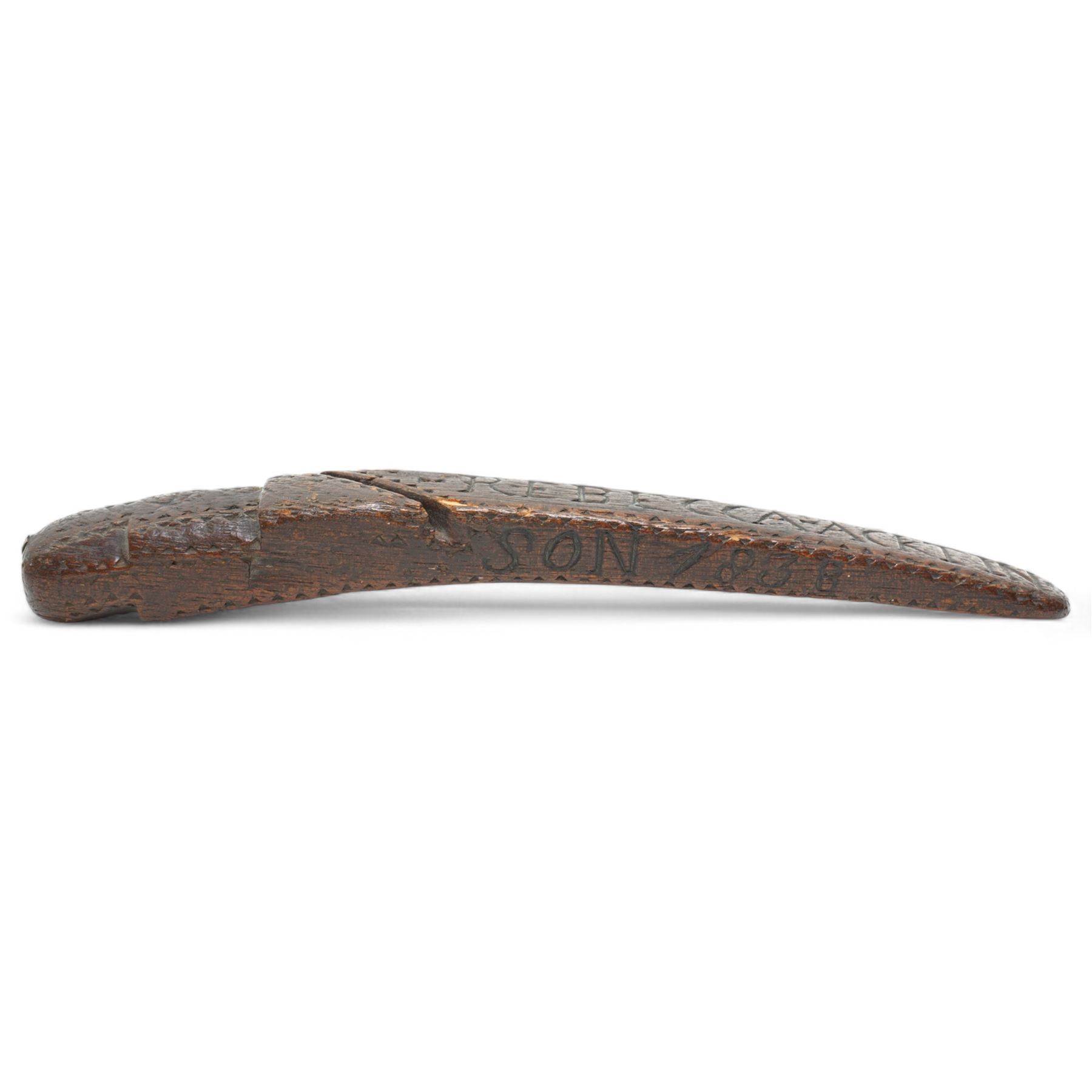 19th century carved treen knitting sheath love token inscribed 'John Clark Whickham', the reverse 'Rebecca Acktin' the sides with initials and dated 1838 L21cm