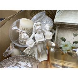 Quantity of glassware and ceramics to include Royal Doulton 'Sisters' matte black figure, vases, clock, and a quantity of Penguin books etc in two boxes