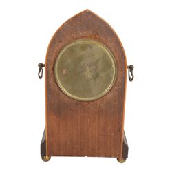 Edwardian painted mahogany lancet clock, arched case with brass side handles, 8-day movement stamped with Richard & Co logo and brass back cover, enamelled dial with Roman chapters, brass hands, glass bezel, arched case with brass side handles on brass bun feet, dial chipped, with winding key 