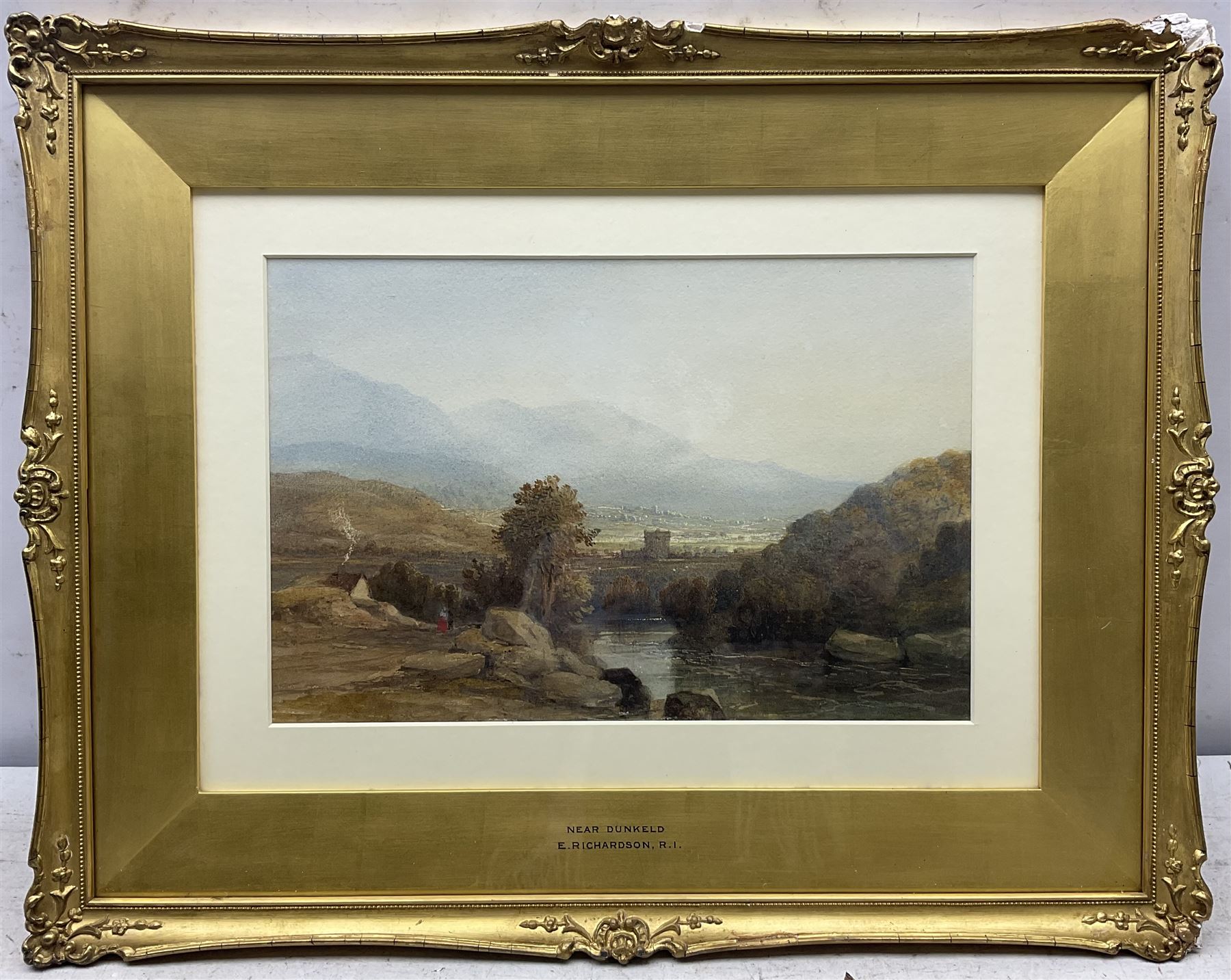 Edward Martindale Richardson (British 1810-1874): 'Evening Near Dunkeld on the River Tay', watercolour unsigned, original title label verso 22cm x 34cm 
Provenance: private collection, purchased James Alder Fine Art, Hexham; with Mallams Oxford 9th March 2016 Lot 442