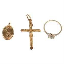 9ct gold jewellery, including stone set ring, locket and crucifix pendant, all stamped or hallmarked