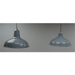  Pair graduated grey enamel light fittings in the Benjamin style, D41cm and D35cm (both re-wired)   