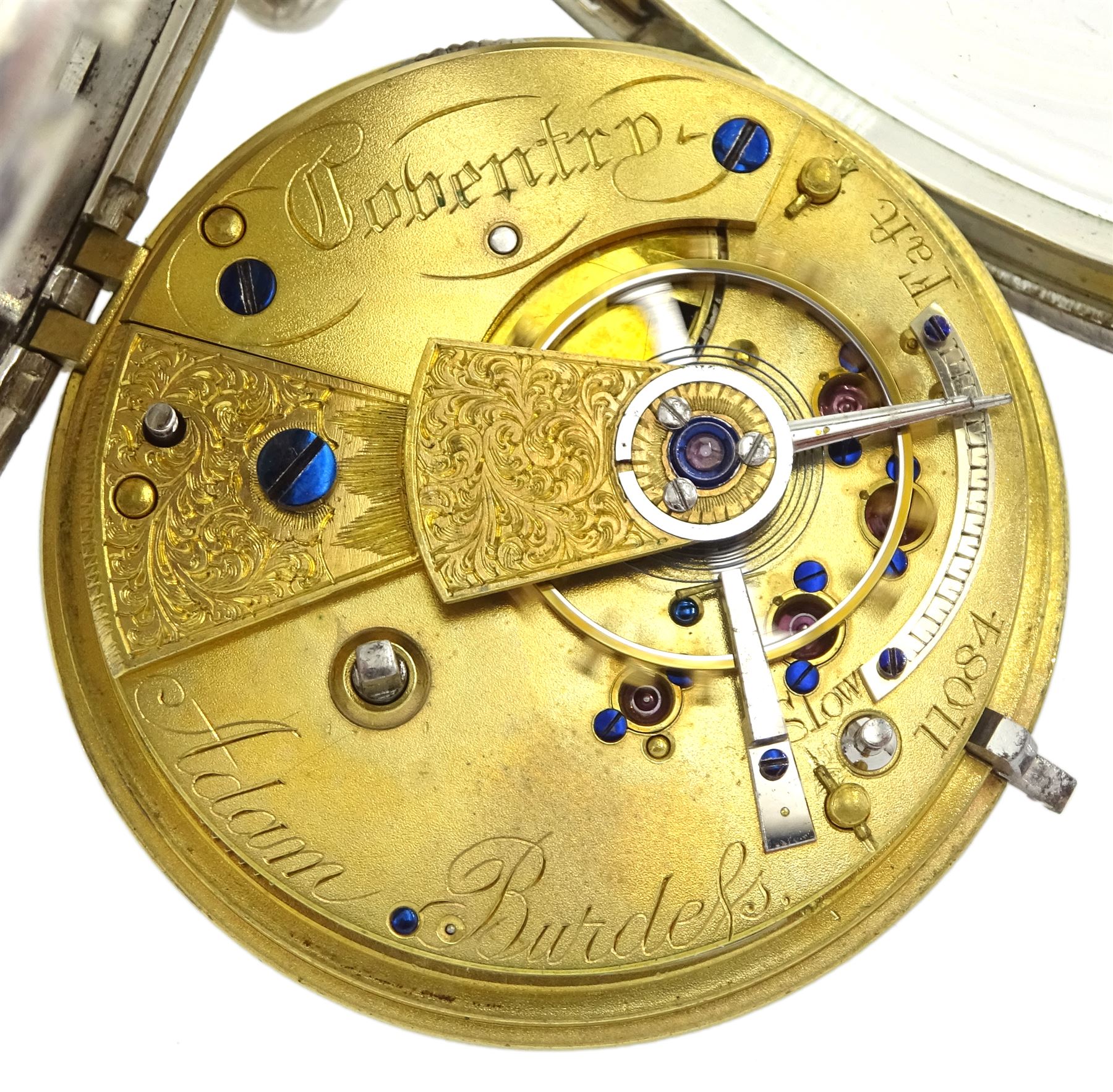 Victorian silver open face fusee lever pocket watch by Adam Burdess, Coventry, No. 11084, white enamel dial with Roman numerals and subsidereary seconds dial, case makers mark IH (possibly John Harris), London 1877, on later silver Albert chain with clip