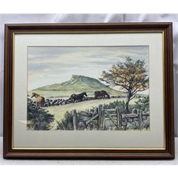 Jonathan R Douglas (Welsh Contemporary): Horses Grazing on a Hilltop, watercolour signed and dated '95, 36cm x 52cm