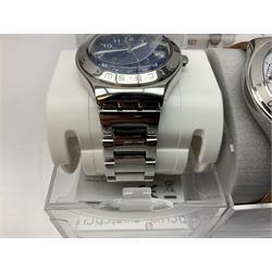 Swatch Irony chronograph stainless steel quartz wristwatch, on original tan leather strap and one other Irony quartz wristwatch, on stainless steel strap both boxed (2)