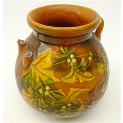  Linthorpe two handled vase, painted with berries and foliage on mustard ground, probably by Christopher Dresser, impressed back stamp and a.y, H12cm   