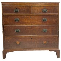 George III oak chest, rectangular top with mahogany crossbanding, fitted with two short and three long cock-beaded drawers, lower moulded edge over bracket feet