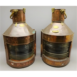  Pair copper ship's Navigation lamps with clear glass lenses and coloured filters 'Port' by Telford Grier and Mackay Glasgow, Starboard by W Harvie Glasgow No.52357, both with original oil burners, H64cm max (2)  