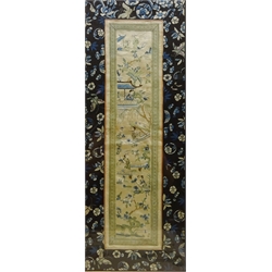  Oriental silk embroidered panel, Painted silk panel depicting flowers, two Oriental hand finished woodblock prints and map of Hong Kong the New Territories max 38cm x 58cm (4)  