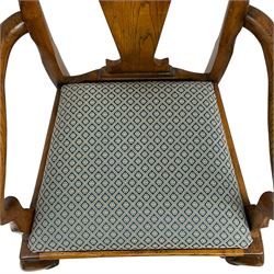 Late 20th century oak dining table, rectangular top with two draw leaf extensions, on turned supports united by moulded hayrake stretchers (180cm - 278cm x 90cm, H76cm); set of eight (6+2) oak dining chairs, shaped cresting rail over shaped splat back, upholster drop-in seat, on cabriole supports united by turned H-shaped stretchers 