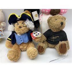 Ten soft tots including Chad Valley Lenny the Lion; Snoopy type dog; Fluffy Hedgehogs; pink Care Bear; souvenir bears for Niagara Falls, Benjamin Franklin and Andre Rieu; Rocky Mountaineer Traindriver; knitted Mrs. Tiggy-Winkle etc; all unboxed (10)
