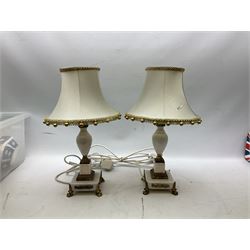 Pair of 20th century marble effect table lamps with gilded decoration, with tasselled fabric shades, H45cm