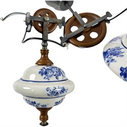 Ceramic ceiling light, with weighted pully system, the ceramic shade and weights decorated with roses