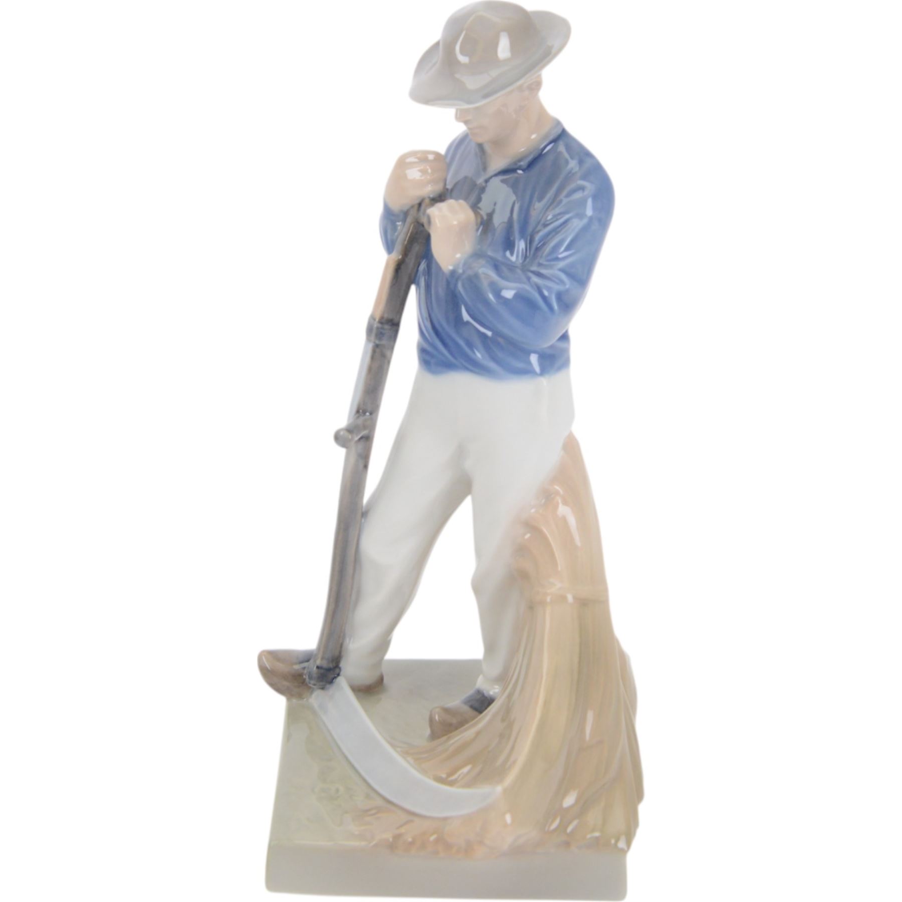 Six Royal Copenhagen figures, including shepherd with dog no 782, Farmer with scythe, no 685, Girl with Goose, no 527, and Boy with Geese, no 2139 etc 