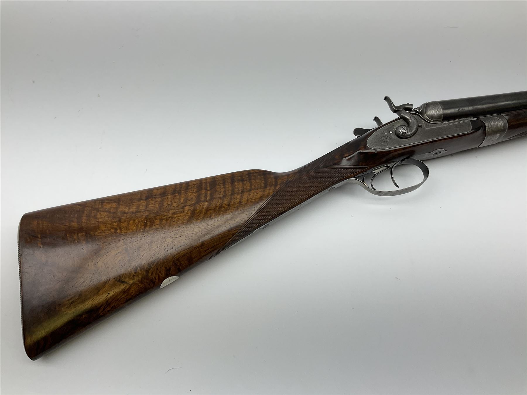 19th century Purdey 12-bore side-by-side double barrel black powder hammer gun, 76cm cylinder bored un-choked barrels with 2.5