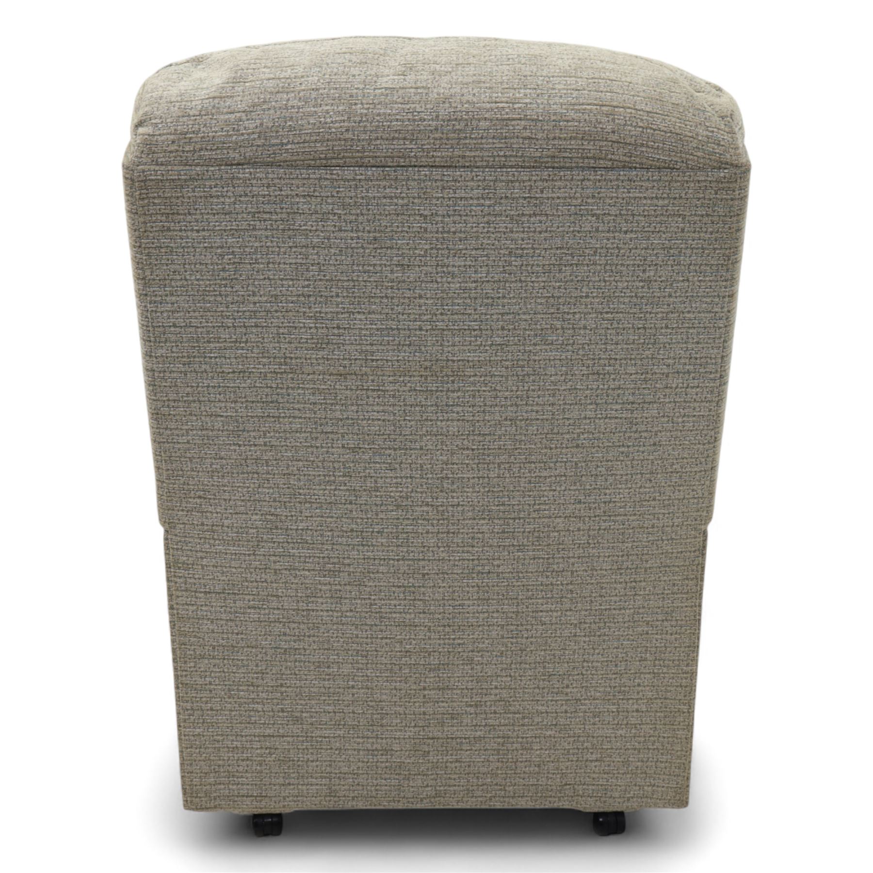 Sherborne - Pair of armchairs, in grey chenille fabric upholstery with fixed cushions and upholstered scroll arms, on castors