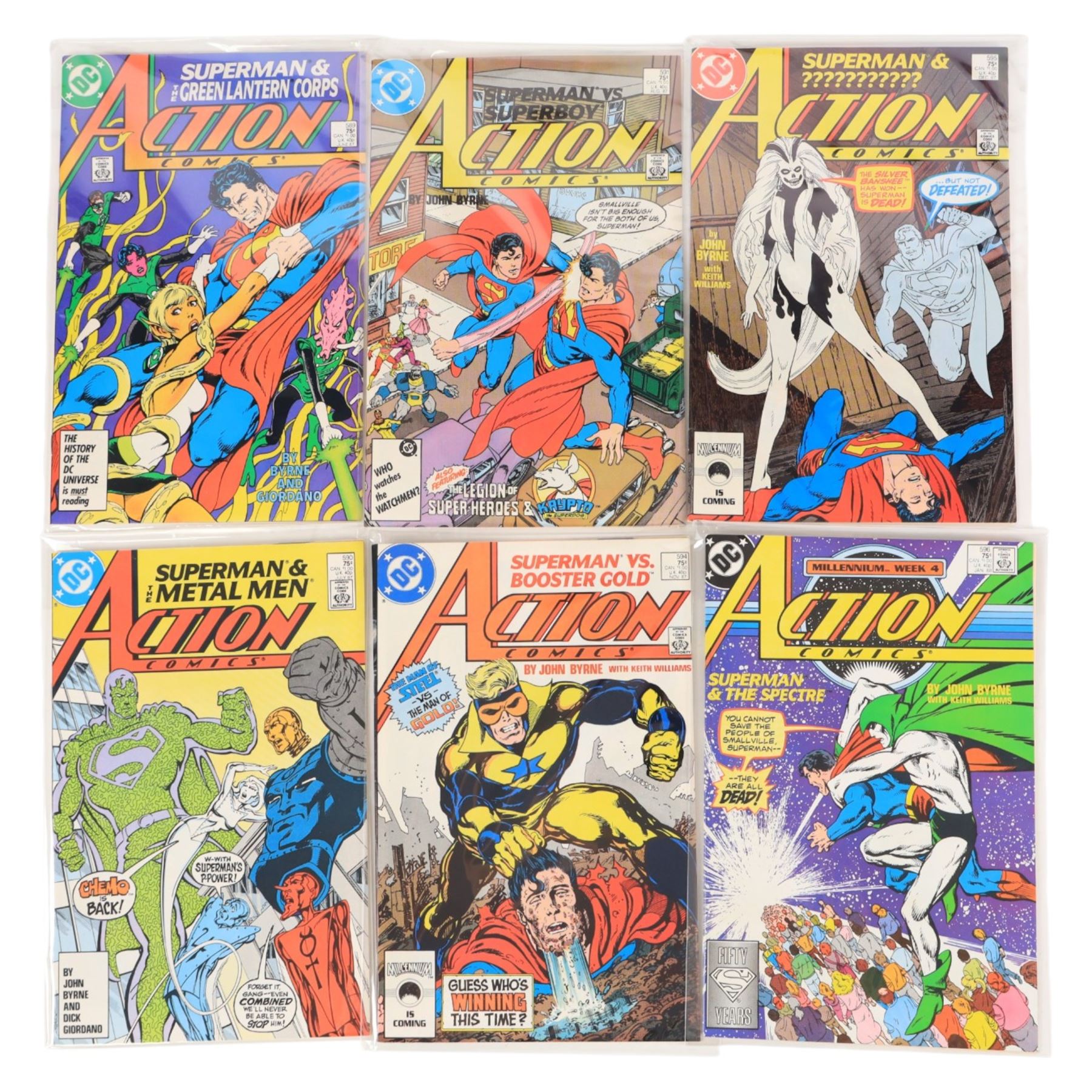 Fifty-nine DC Modern Age 'Action Comics' and 'Action Comics Weekly' comic books, spanning years 1986-1989, comprising 'Action Comics' issues #583, #585, #586, #587, #589, #590, #591, #594, #595, #596, #598 and #600 (Golden Anniversary Issue), and 'Action Comics Weekly' issues #601-#642, together with a fascimilie 50 year anniversary edition of Action Comics #1, 1989 Annual #2, 2006 #843, 2007 #845 and a 1993 Action Comics Bloodlines Annual #5