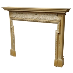  Late 20th century polished pine fireplace surround, projecting cornice above egg and dart moulding, scrolled acanthus leaf frieze, lunette aperture, 160cm x 125cm  