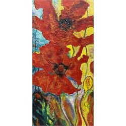 Ann Lamb (British 1955-): 'Poppy Power', mixed media on canvas signed 80cm x 41cm (unframed)