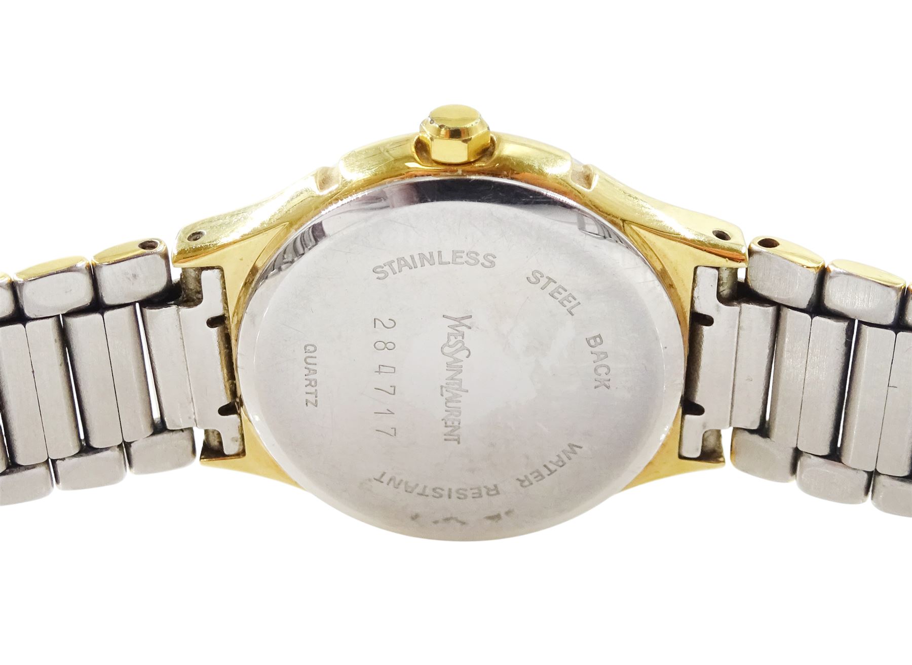 Two Yves Saint Laurent ladies stainless steel quartz wristwatches including 'Moon Phase' with gold plated bracelet, no. 284717, the other with heart shaped face and bracelet links, no. 7N0336