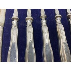Cased set of six silver handled dessert knives and forks, hallmarked 